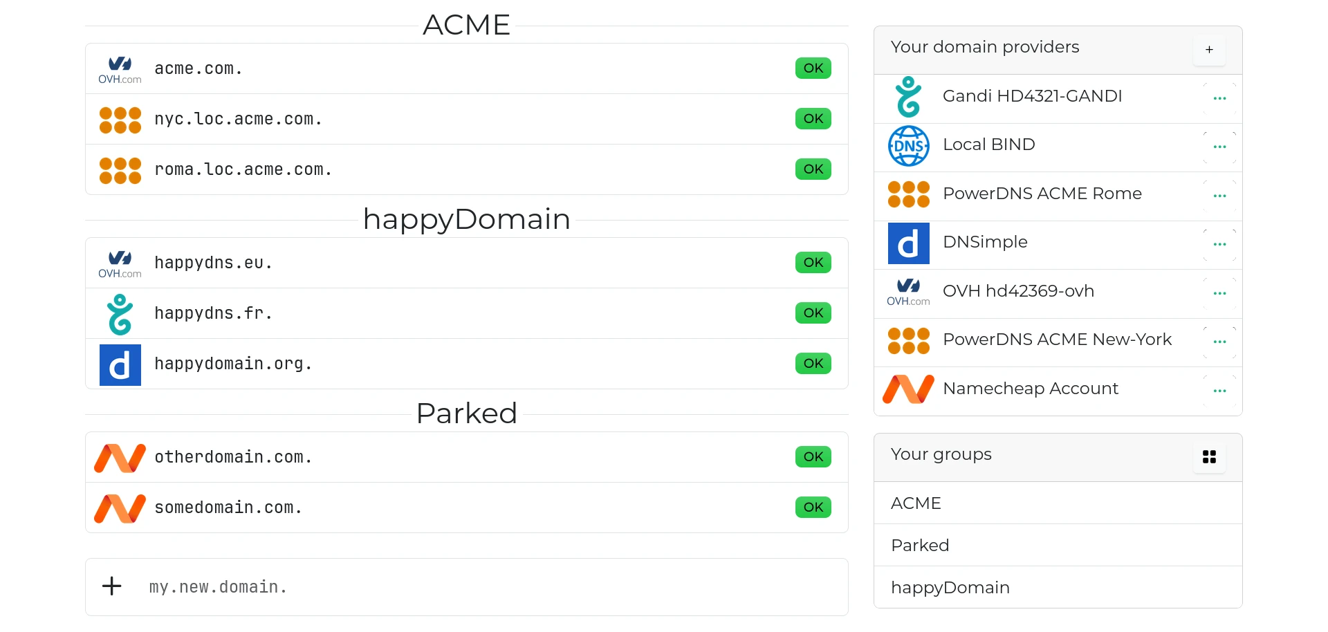 The happyDomain home page: see all your domain status