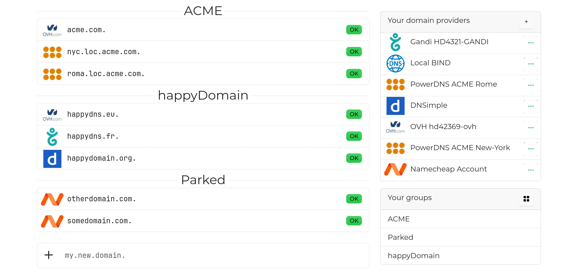 La page d&rsquo;accueil d&rsquo;happyDomain: gardez un œil sur tous vos domaines